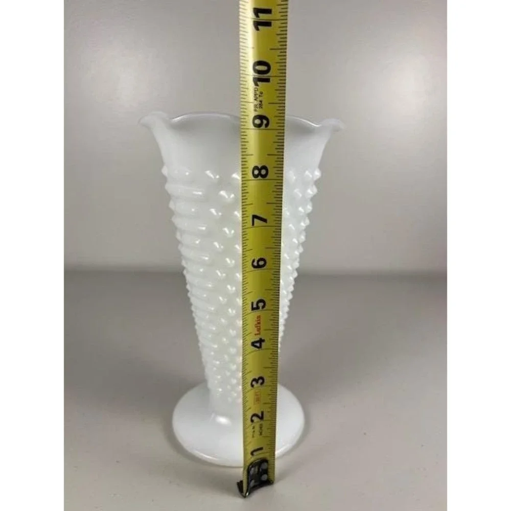 Vintage Anchor Hocking Milk Dot Dash Glass Hobnail Scalloped Trumpet Vase Footed